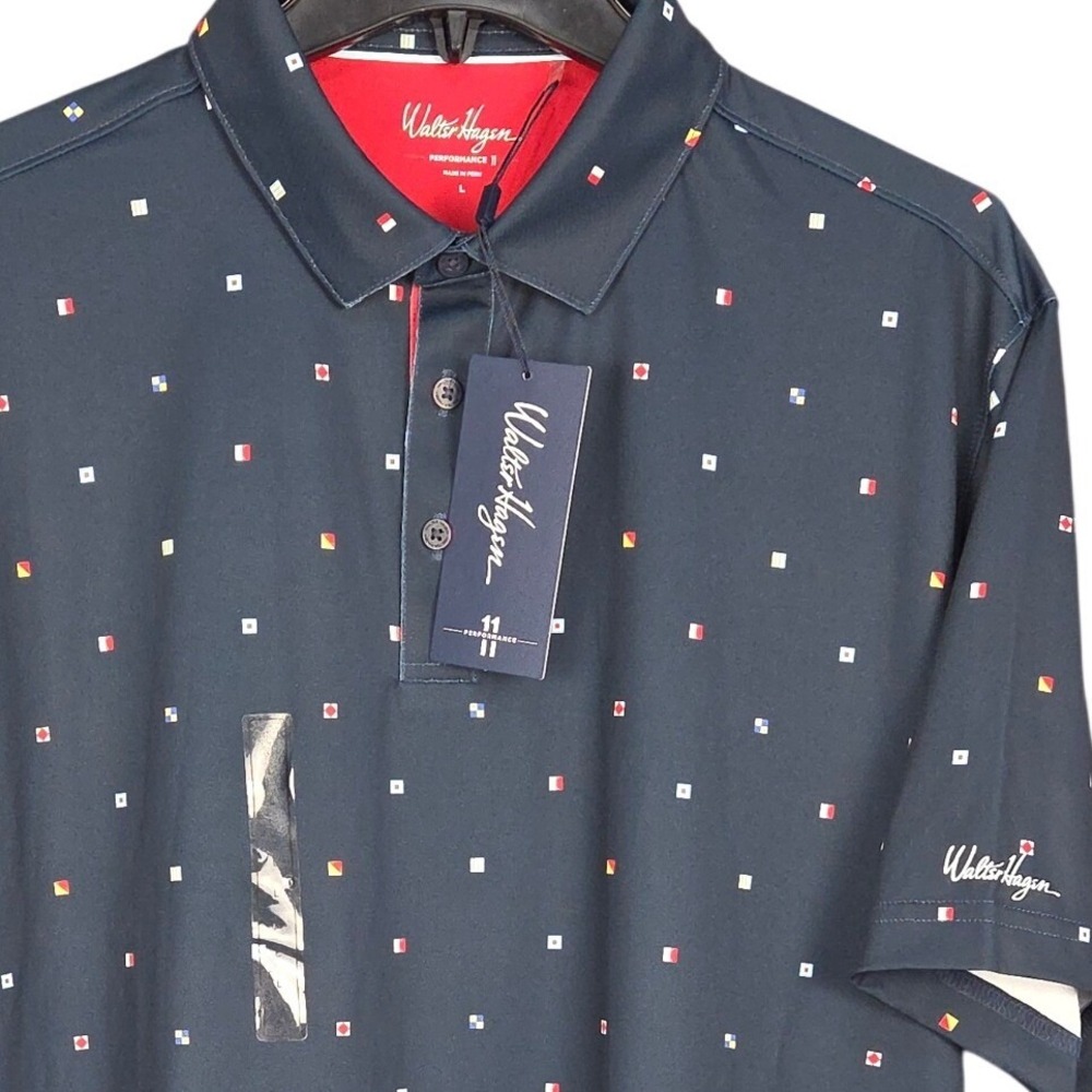 Walter Hagen Golf Polo Mens Large Blue Nautical‎ Flag Shirt Performance UPF NWT